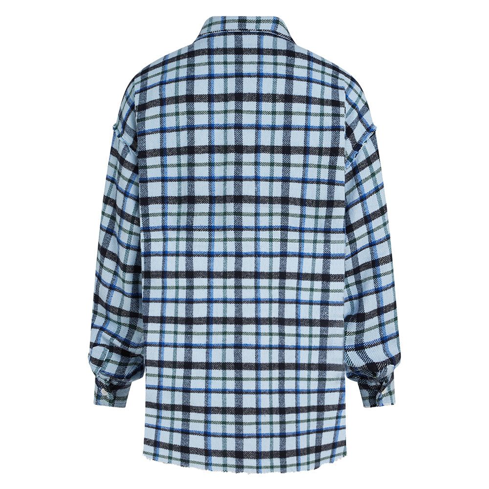 PENN&INK N.Y Karo-Bluse Hellblau Blau Schwarz Fransen-Saum Baumwolle Relaxed-Fit Rückseite