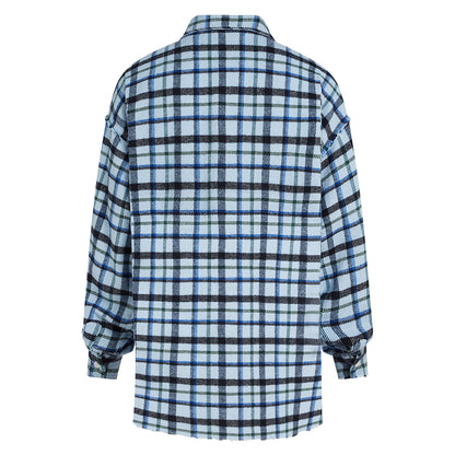 PENN&INK N.Y Karo-Bluse Hellblau Blau Schwarz Fransen-Saum Baumwolle Relaxed-Fit Rückseite