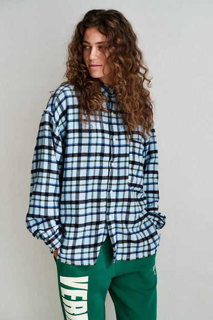 PENN&INK N.Y Karo-Bluse Hellblau Blau Schwarz Fransen-Saum Baumwolle Relaxed-Fit Model 2