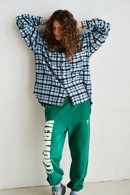 PENN&INK N.Y Karo-Bluse Hellblau Blau Schwarz Fransen-Saum Baumwolle Relaxed-Fit Model 4