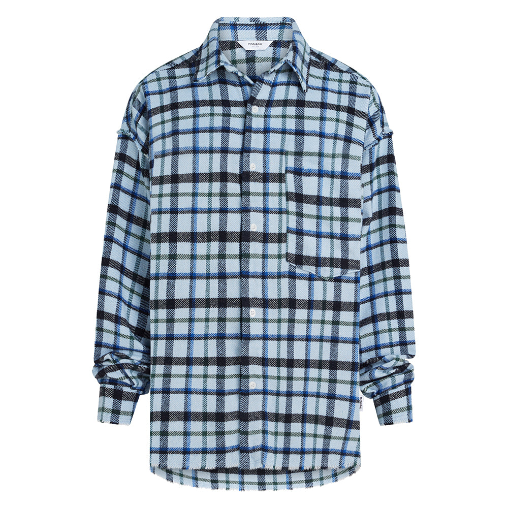 PENN&INK N.Y Karo-Bluse Hellblau Blau Schwarz Fransen-Saum Baumwolle Relaxed-Fit