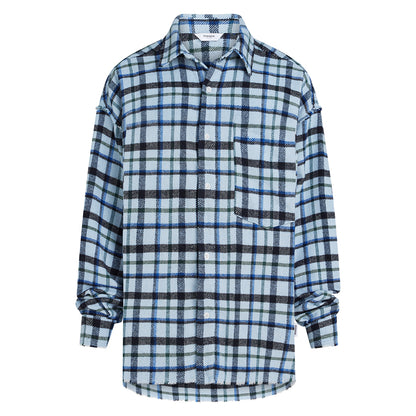 PENN&INK N.Y Karo-Bluse Hellblau Blau Schwarz Fransen-Saum Baumwolle Relaxed-Fit