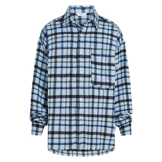 PENN&INK N.Y Karo-Bluse Hellblau Blau Schwarz Fransen-Saum Baumwolle Relaxed-Fit