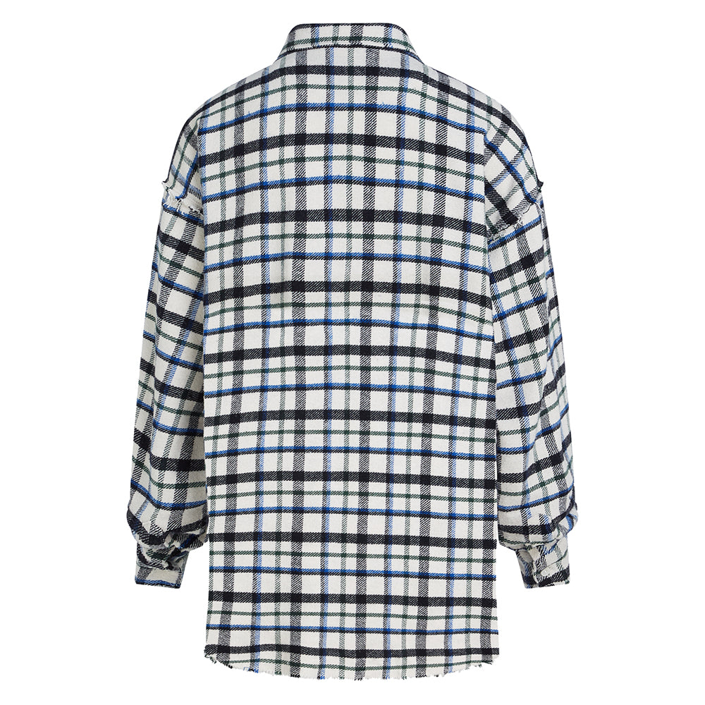 PENN&INK N.Y Karo Bluse Weiß Blau Schwarz Fransen Saum Baumwolle Relaxed-Fit Rückseite