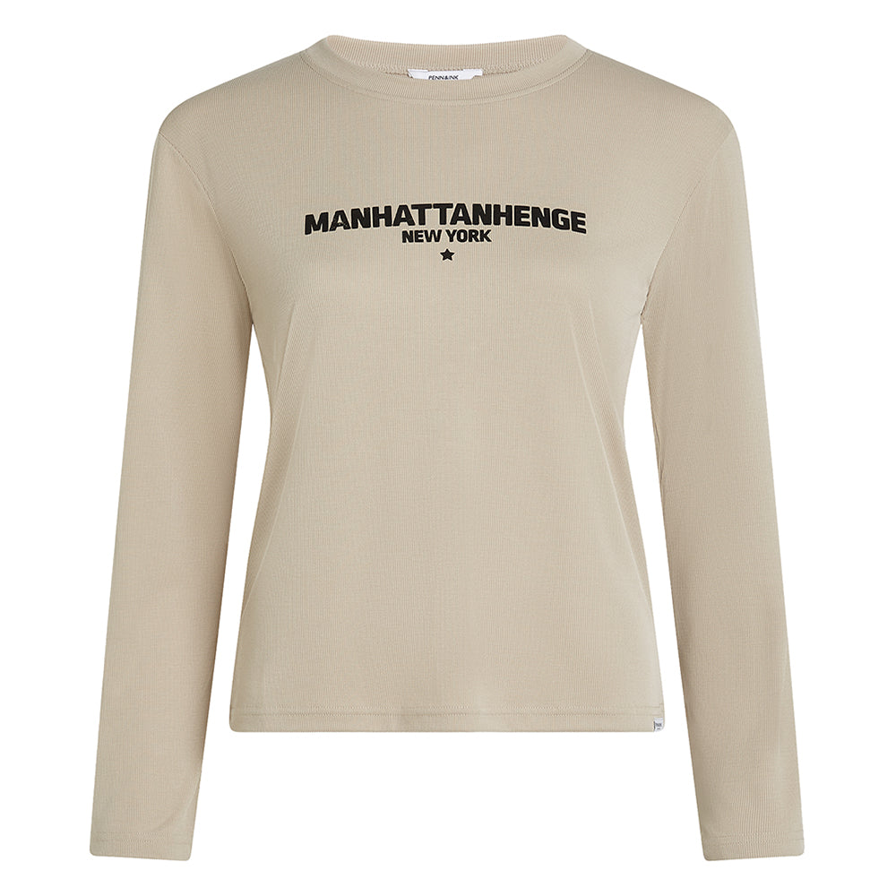 PENN&INK N.Y Langarmshirt Rib Longsleeve Sand Ripp-Modal-Jersey Front-Print Schwarz