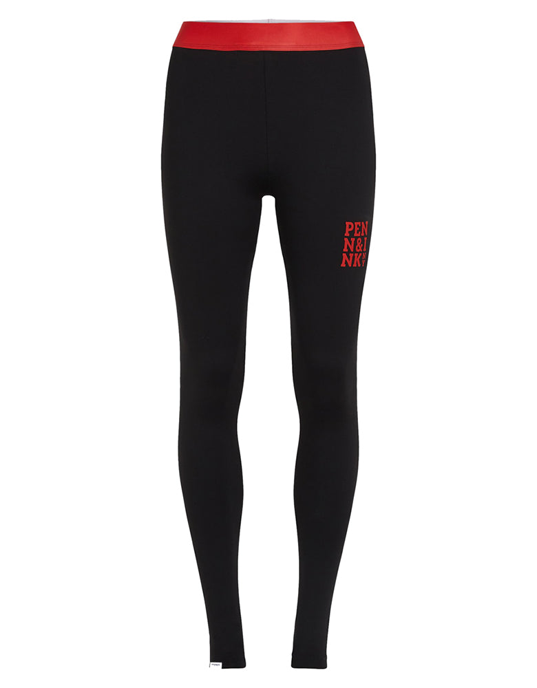 PENN&INK N.Y Leggings Slim Fit Schwarz Kontrastbund Rot Logo-Print