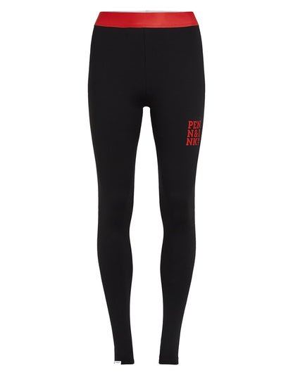 PENN&INK N.Y Leggings Slim Fit Schwarz Kontrastbund Rot Logo-Print