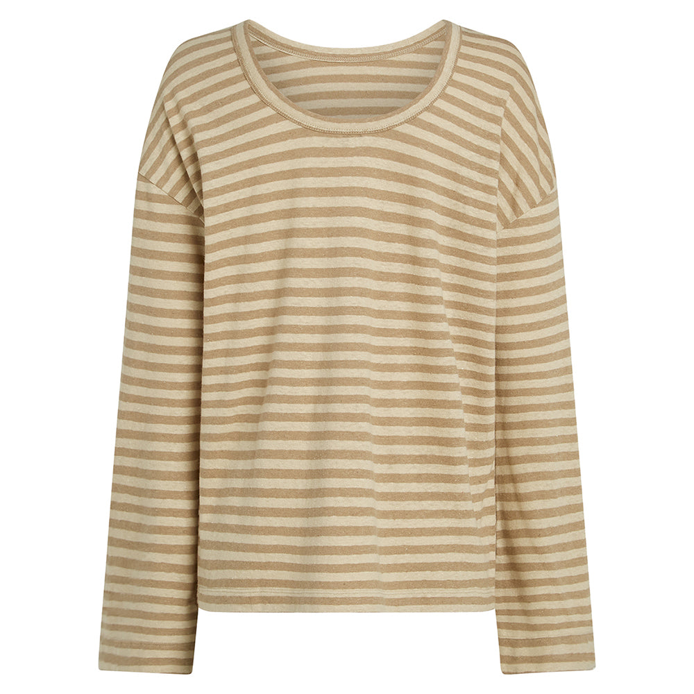 PENNINK N.Y Langarmshirt Streifen Ausgestellte Ärmel Leinen-Baumwolle-Mix Safari Dune Camel Beige Rückseite