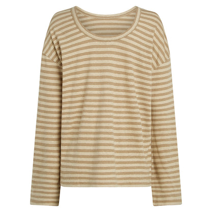 PENNINK N.Y Langarmshirt Streifen Ausgestellte Ärmel Leinen-Baumwolle-Mix Safari Dune Camel Beige Rückseite