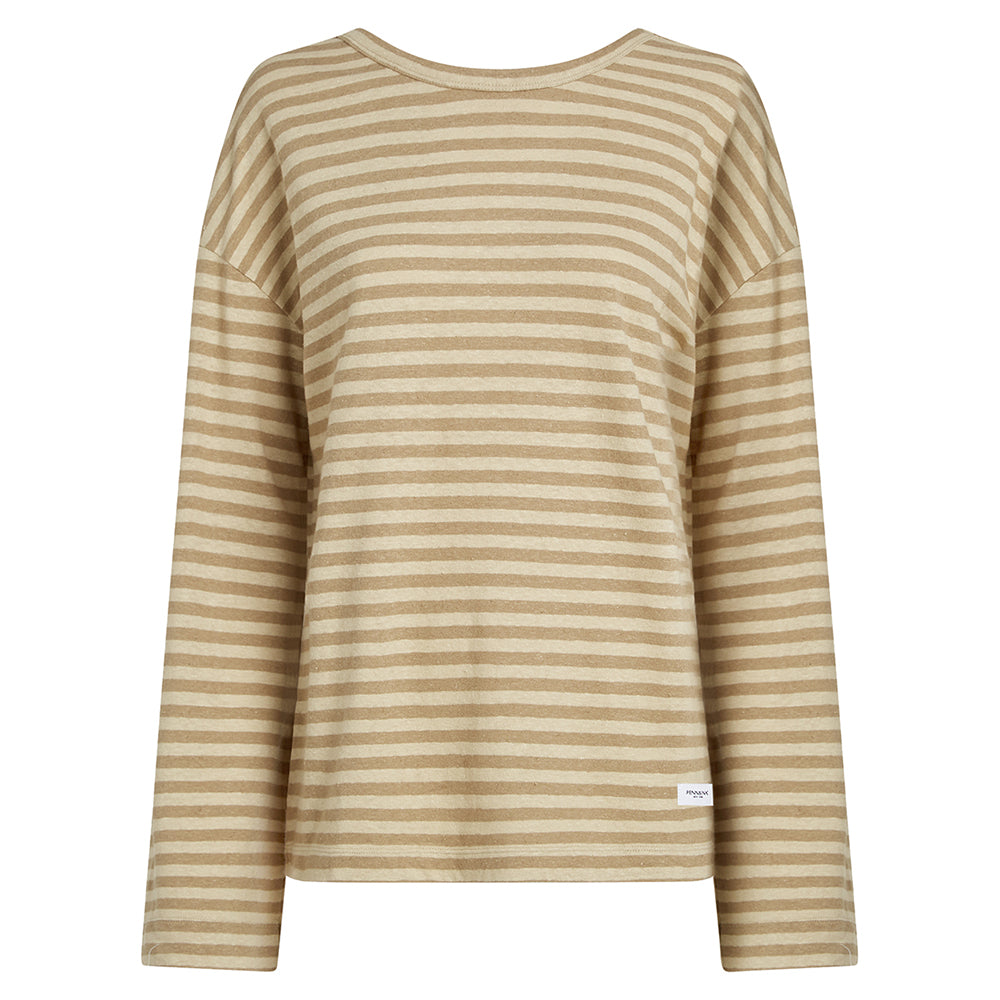PENNINK N.Y Langarmshirt Streifen Ausgestellte Ärmel Leinen-Baumwolle-Mix Safari Dune Camel Beige