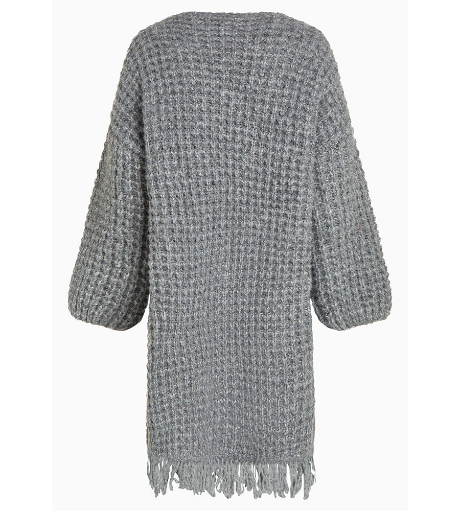 PENN&INK N.Y Strickmantel Cardigan Grau Meliert Fransen-Saum Grobstrick Relaxed-Fit Rückseite