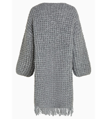 PENN&INK N.Y Strickmantel Cardigan Grau Meliert Fransen-Saum Grobstrick Relaxed-Fit Rückseite