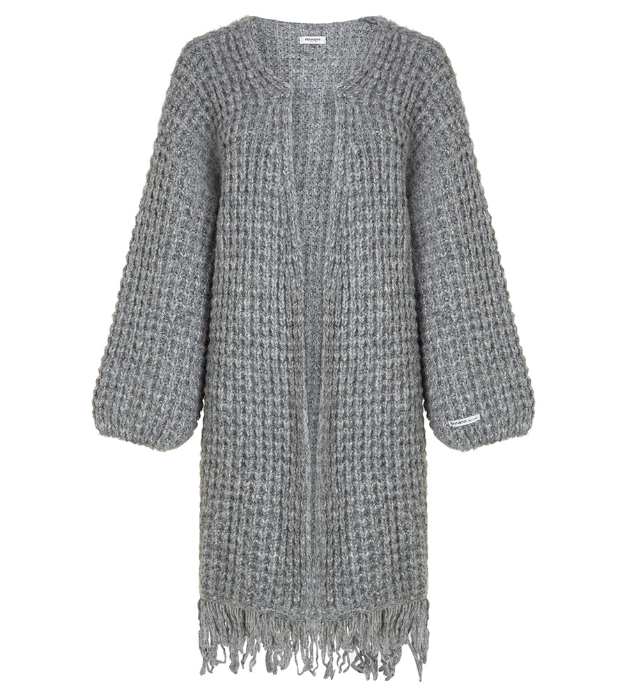 PENN&INK N.Y Strickmantel Cardigan Grau Meliert Fransen-Saum Grobstrick Relaxed-Fit
