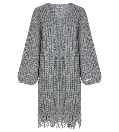 PENN&INK N.Y Strickmantel Cardigan Grau Meliert Fransen-Saum Grobstrick Relaxed-Fit