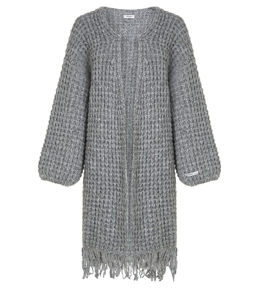 PENN&INK N.Y Strickmantel Cardigan Grau Meliert Fransen-Saum Grobstrick Relaxed-Fit