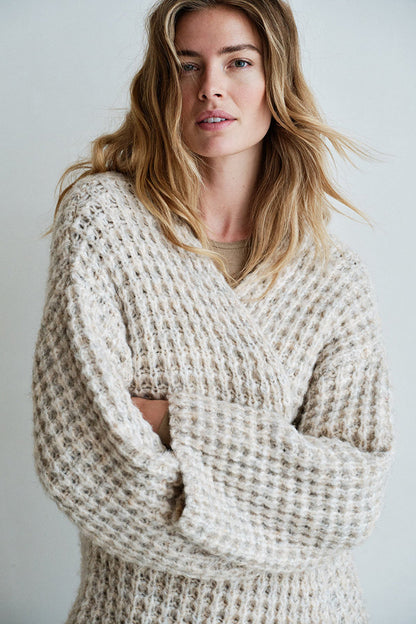 PENN&INK N.Y Strickmantel Cardigan Sand Meliert Fransen-Saum Grobstrick Relaxed-Fit Model