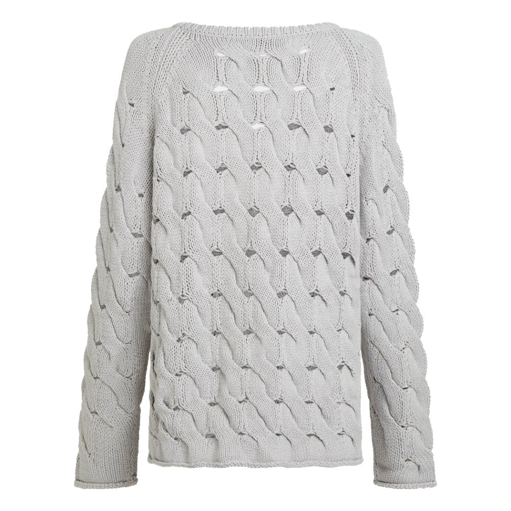 PENN&INK N.Y Strickpullover Lochmuster V-Ausschitt Hellgrau Rückseite