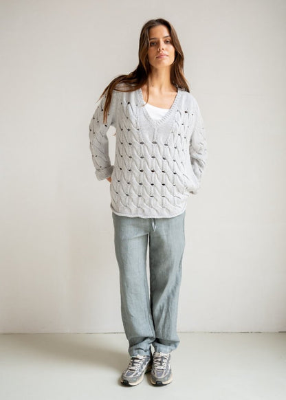 PENN&INK N.Y Strickpullover Lochmuster V-Ausschitt Hellgrau Model 3