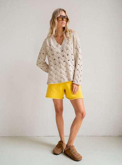 PENN&INK N.Y Strickpullover Lochmuster V-Ausschitt Sand Model 2