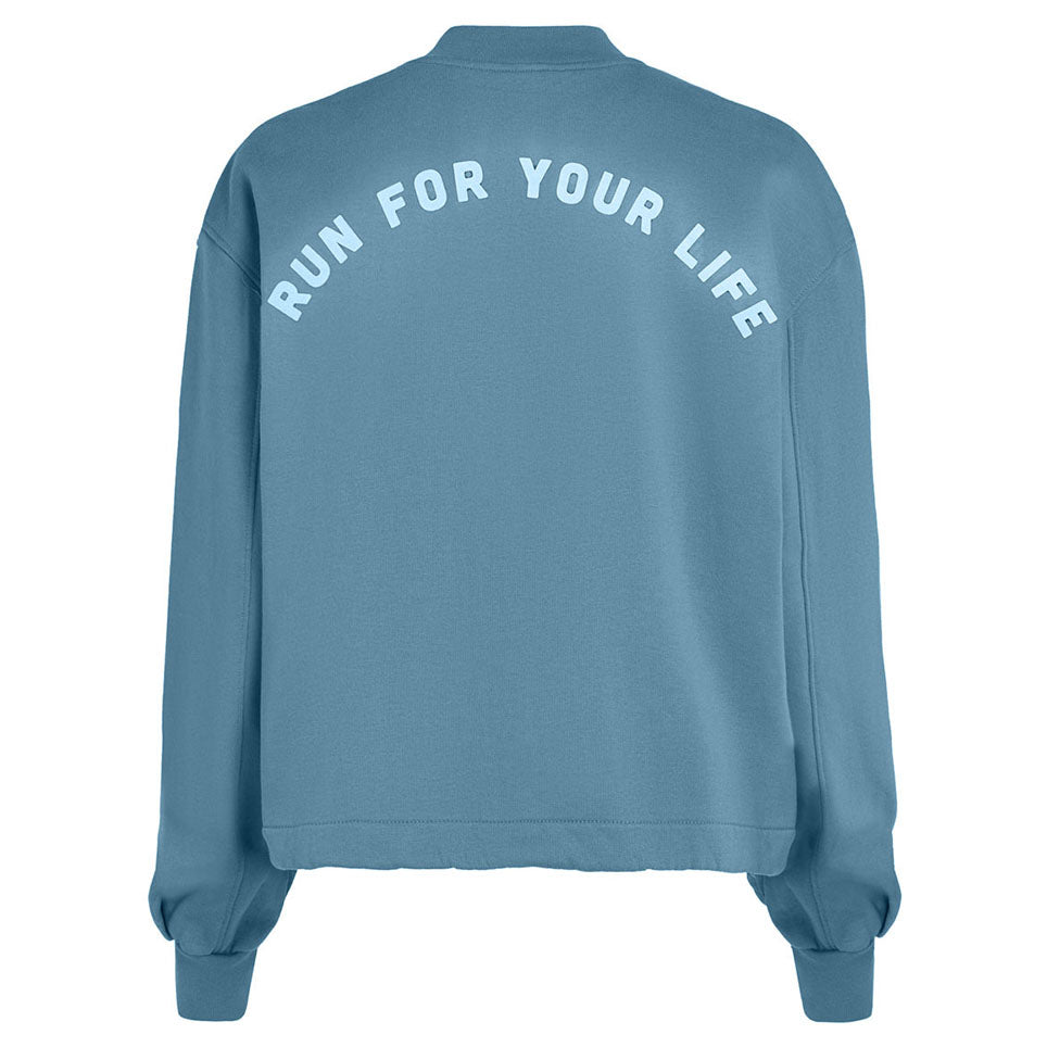 PENN&INK N.Y Sweatjacke Print Cardigan Water Denim Rückenprint Run for your Life Reißverschluss Rückseite

