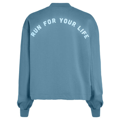 PENN&INK N.Y Sweatjacke Print Cardigan Water Denim Rückenprint Run for your Life Reißverschluss Rückseite
