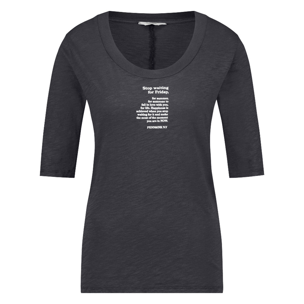PENN&INK N.Y T-Shirt Statement-Print Stop Waiting For Friday Asphalt Anthrazit 3/4 Arm Baumwolle
