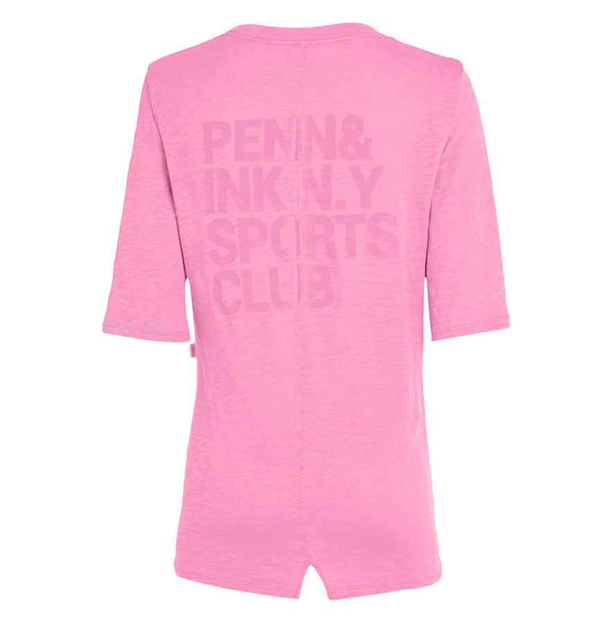 PENN&INK N.Y T-Shirt Cerise Rosa 3/4 Arm Ton-In-Ton Rückenprint Baumwolle Rückseite