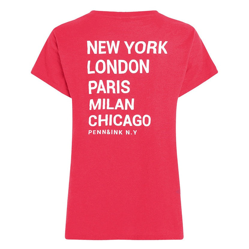 PENN&INK N.Y T-Shirt Rücken-Print New York London Paris Milano Chicago Baumwolle Grenadine Pink Coral Rückseite