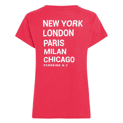 PENN&INK N.Y T-Shirt Rücken-Print New York London Paris Milano Chicago Baumwolle Grenadine Pink Coral Rückseite