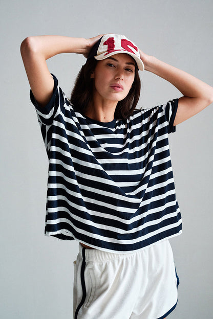 PENN&INK N.Y T-Shirt Streifen Relaxed Fit Navy Model 2
