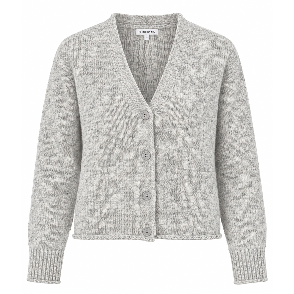 PENN&INK N.Y Strickjacke Cardigan Grey Melange Grau Meliert Relaxed Fit V-Ausschnitt Knopfleiste