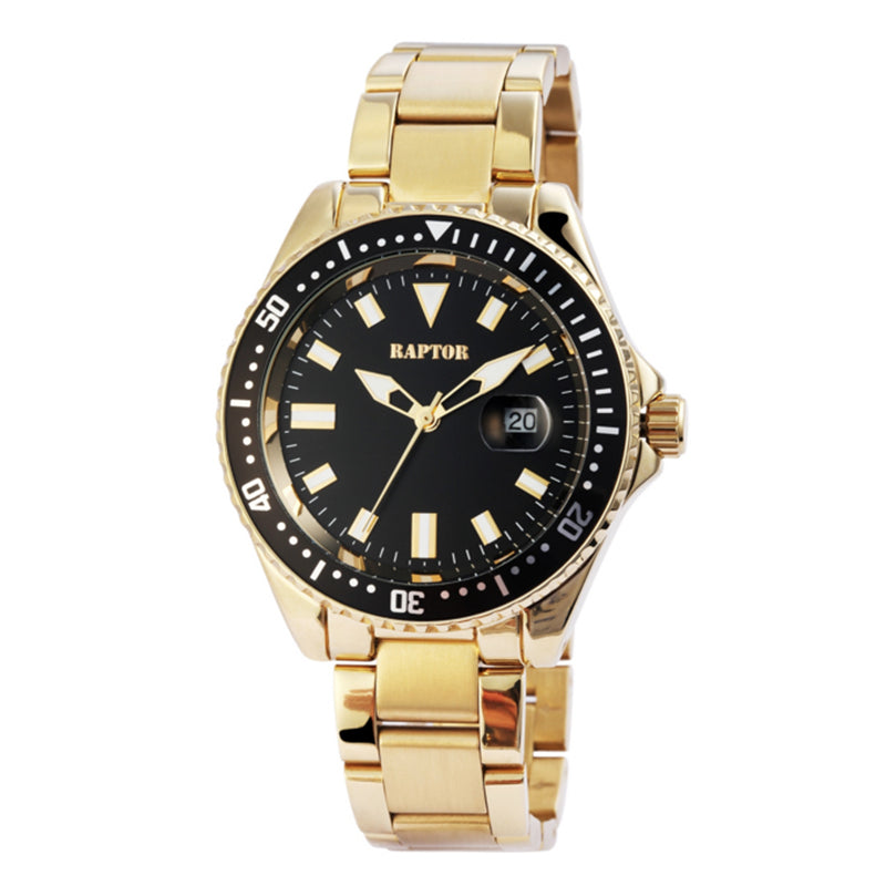 Raptor Analog-Uhr Serious Edelstahlarmband Gold Plattiert Zifferblatt Schwarz Lünette Schwarz 42 mm