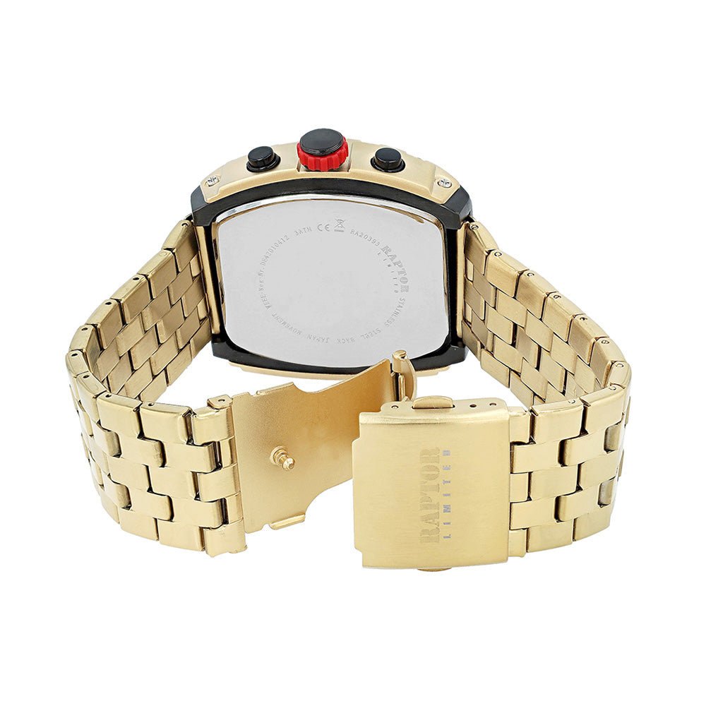 Raptor Chronograph Louis Gold Plattiert Edelstahlarmband Zifferblatt Schwarz Eckiges Gehäuse 50 mm Rückseite