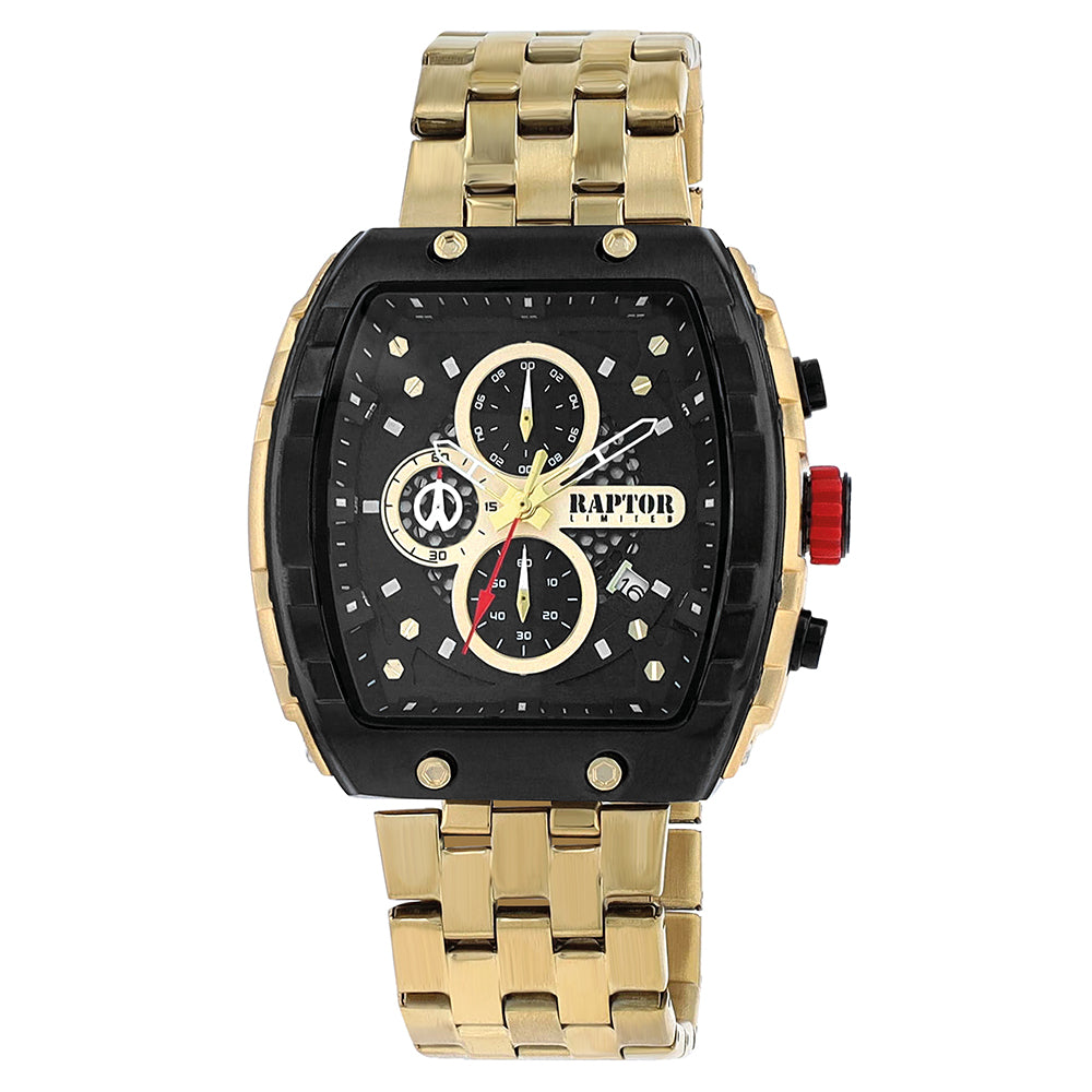 Raptor Chronograph Louis Gold Plattiert Edelstahlarmband Zifferblatt Schwarz Eckiges Gehäuse 50 mm