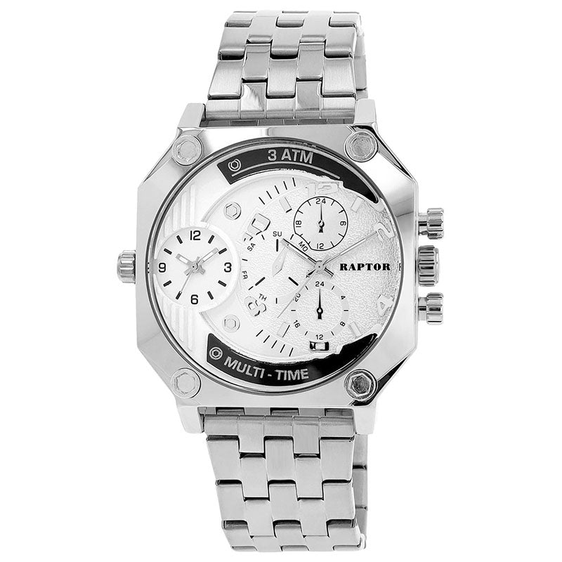 Raptor Chronograph Magnus Achteckiges Gehäuse Edelstahlarmband Silber Zifferblatt Weiß Multi-Time 48 mm