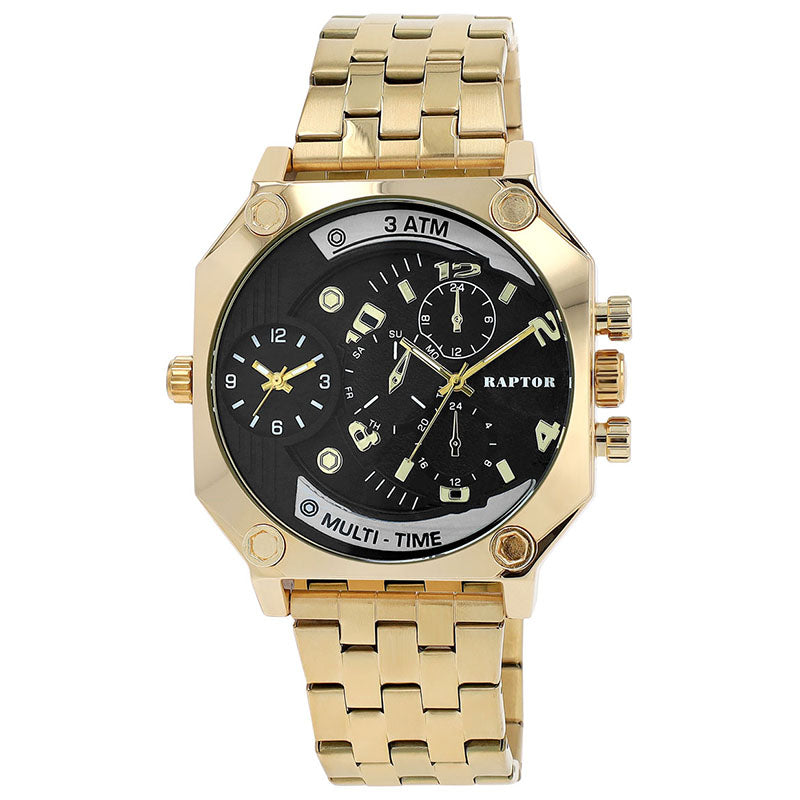 Raptor Chronograph Magnus Achteckiges Gehäuse Edelstahlarmband Gold Plattiert Zifferblatt Schwarz Multi-Time 48 mm