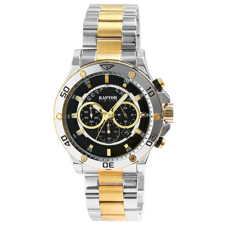 Raptor Chronograph Majid Edelstahlarmband Bicolor Gold Plattiert Silber Zifferblatt Schwarz 48,5 mm