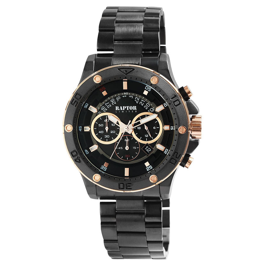 Raptor Chronograph Majid Edelstahlarmband Schwarz Plattiert Silber Zifferblatt Rosé Schwarz 48,5 mm