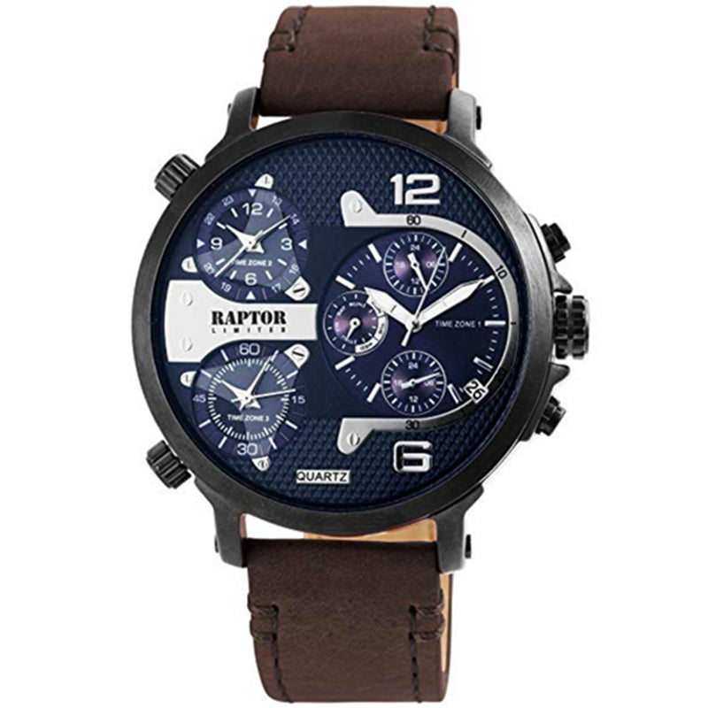 Raptor Chronograph Maxx Limited Multifunktion XL 52 mm Schwarz Plattiert Lederarmband Dunkelbraun Zifferblatt Dunkelblau