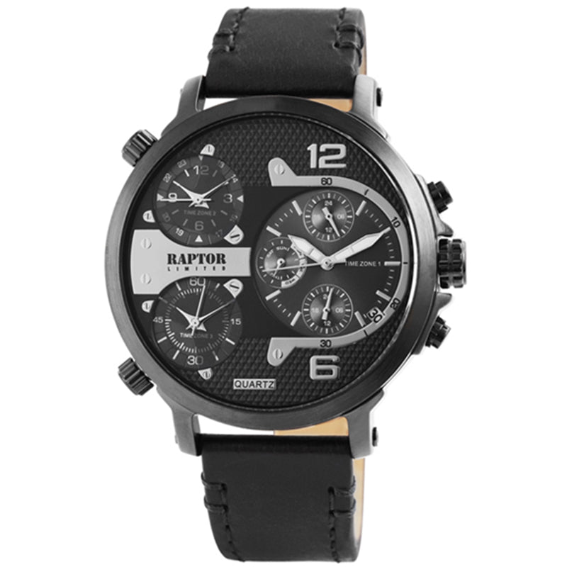 Raptor Chronograph Maxx Limited Multifunktion XL 52 mm Schwarz Plattiert Lederarmband Schwarz