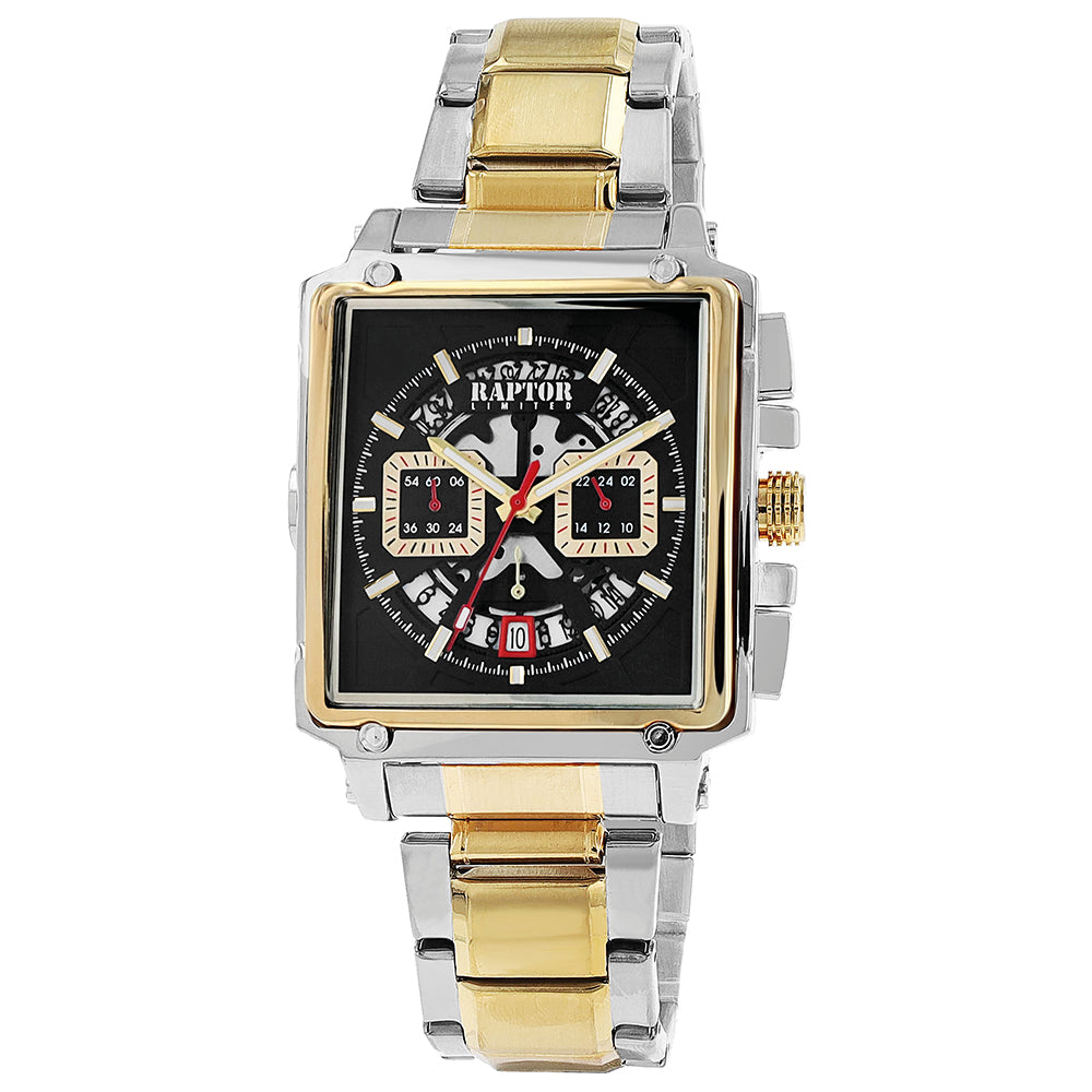 Raptor Chronograph Oscar Limited Eckiges Gehäuse 56 x 52 mm Zifferblatt Schwarz Edelstahlarmband Bicolor Gold Plattiert Silber