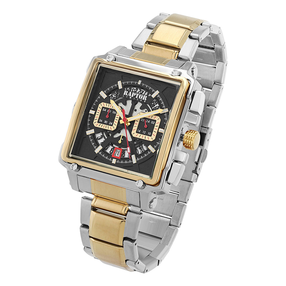 Raptor Chronograph Oscar Limited Eckiges Gehäuse Groß Zifferblatt Schwarz Edelstahlarmband Bicolor Gold Plattiert Silber