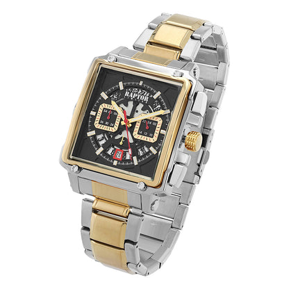 Raptor Chronograph Oscar Limited Eckiges Gehäuse Groß Zifferblatt Schwarz Edelstahlarmband Bicolor Gold Plattiert Silber