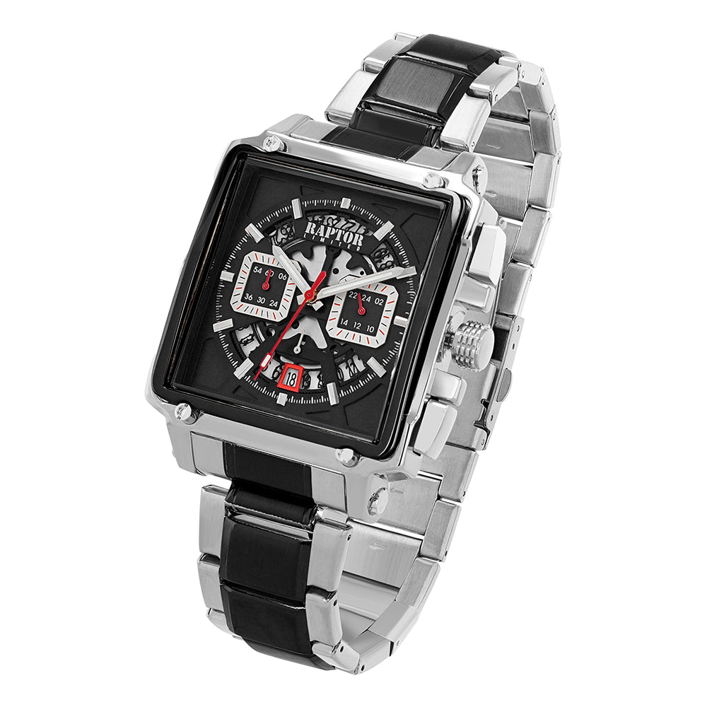 Raptor Chronograph Oscar Limited Eckiges Gehäuse Groß Zifferblatt Schwarz Edelstahlarmband Schwarz Silber