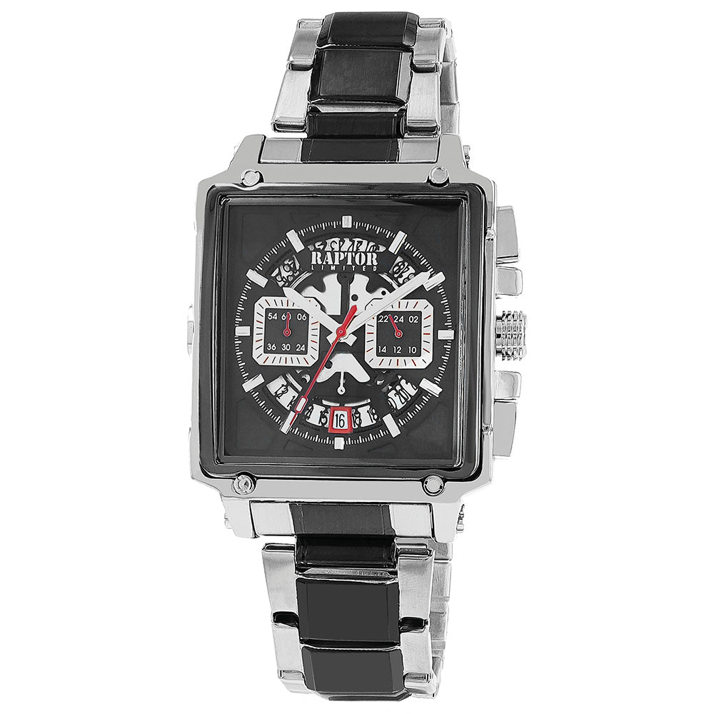 Raptor Chronograph Oscar Limited Eckiges Gehäuse 56 x 52 mm Zifferblatt Schwarz Edelstahlarmband Schwarz Silber