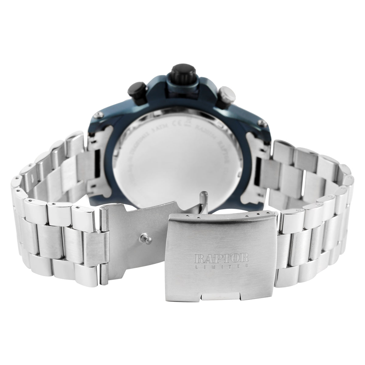 Raptor Chronograph Soheil Limited Edelstahlarmband Silber Zifferblatt Schwarz Weiß Blau 48 mm Rückseite