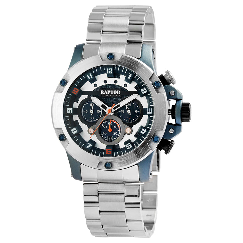 Raptor Chronograph Soheil Limited Edelstahlarmband Silber Zifferblatt Schwarz Weiß Blau 48 mm