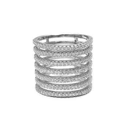 6-reihiger Ring Pavé-Zirkonia 925 Sterling Silber Rhodiniert 1,7 cm breit