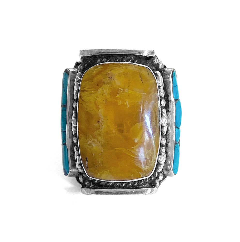 Boho Ring Bernstein Türkis Sterling Silber Größenverstellbar
