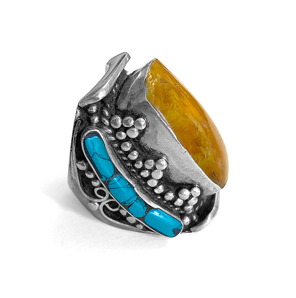Boho Ring Bernstein Türkis Sterling Silber Unikat Größenverstellbar